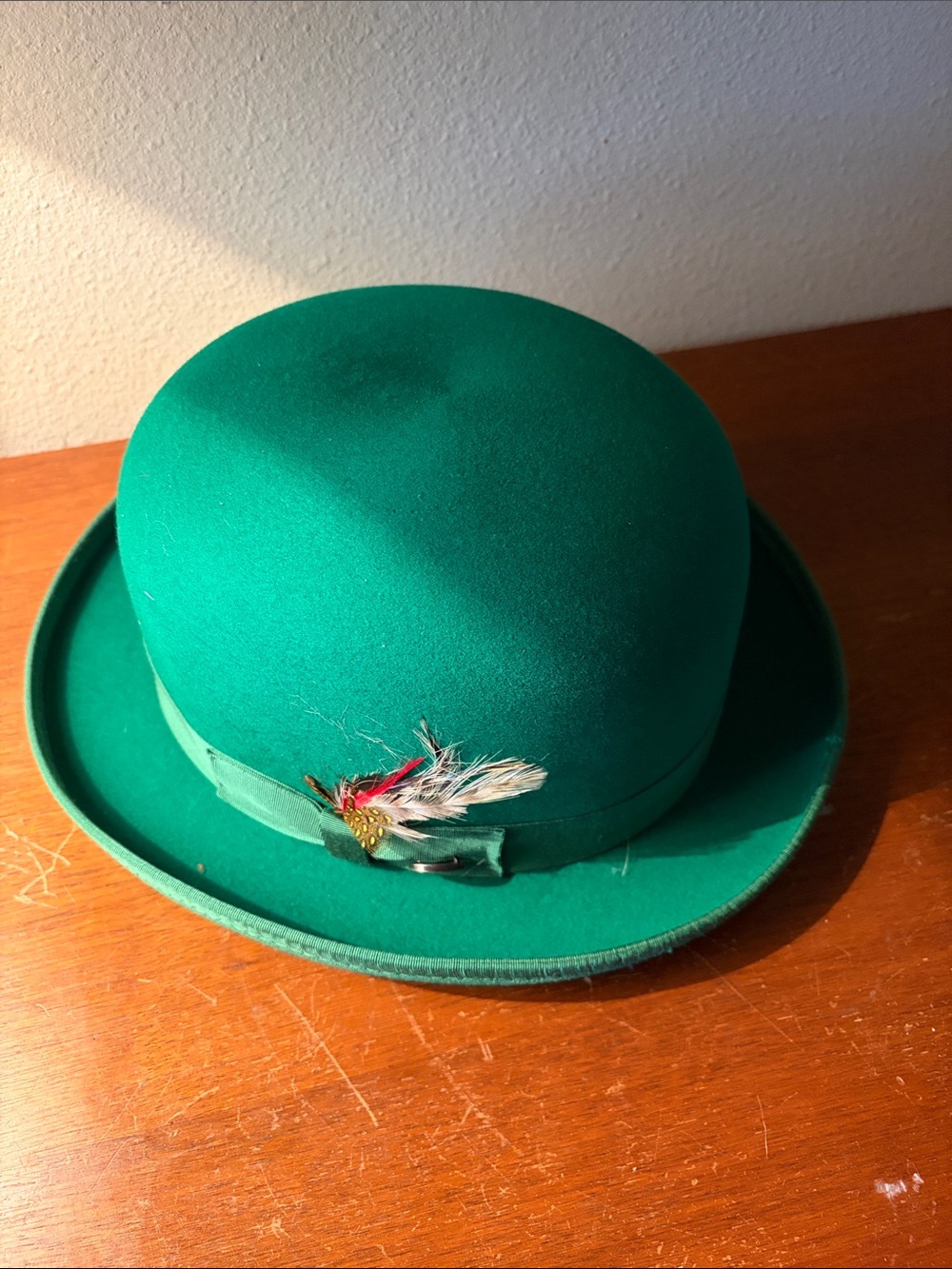 Emerald Felt Bowler Hat with Feather Accent